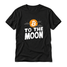Bitcoin To The Moon original artwork on a black t-shirt, upright relaxed flatlay on pure white