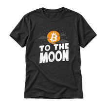 Bitcoin To The Moon original artwork on a black heather t-shirt, upright relaxed flatlay on pure white