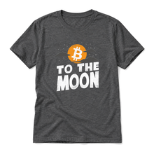 Bitcoin To The Moon original artwork on a dark grey heather t-shirt, upright relaxed flatlay on pure white