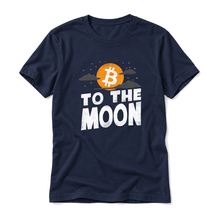 Bitcoin To The Moon original artwork on a navy t-shirt, upright relaxed flatlay on pure white